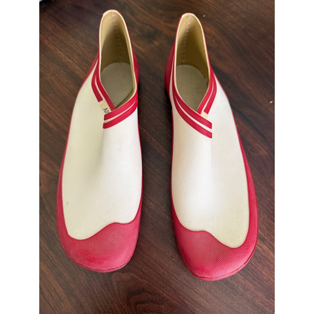 Vintage AIGLE Made in France Rubber Deck Shoes Red Cream Nautical Slip On
